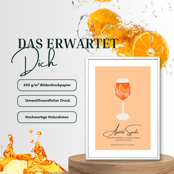 Aperol Spritz Poster – Cocktail Rezept Print auf 350 g/m² Bilderdruckpapier – Umweltfreundlicher Druck, Hochwertiger Holzrahmen – Moderne Bar- und Küchen-Deko, Geschenk für Aperol-Liebhaber