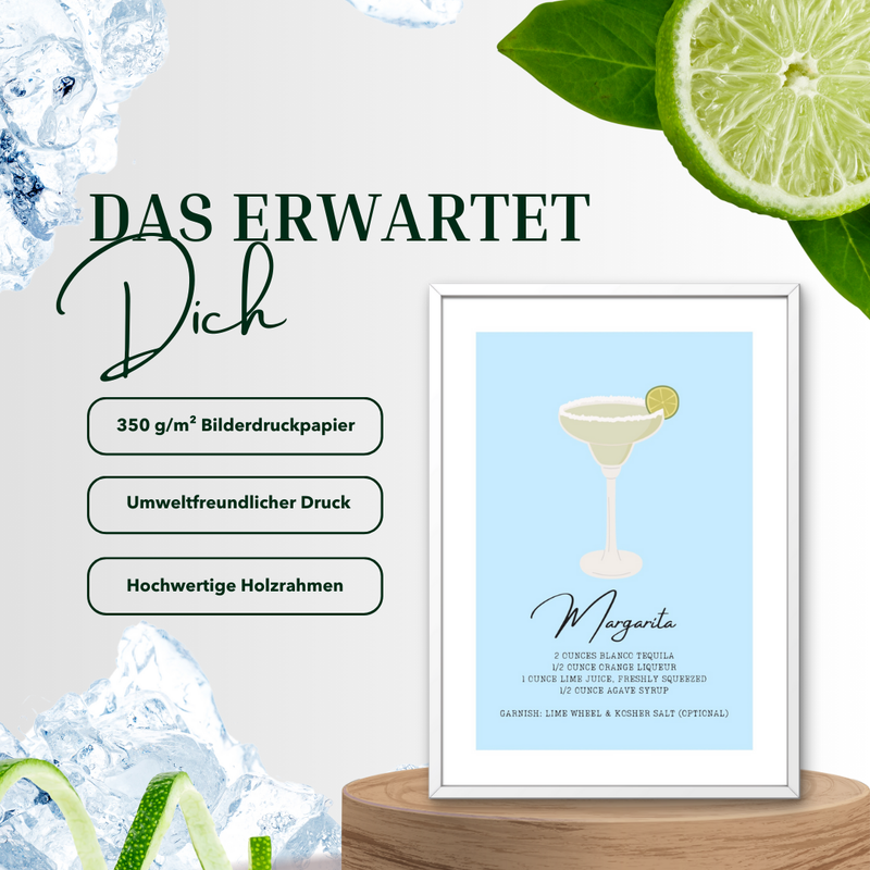 Margarita Poster – Cocktail Rezept Print auf 350 g/m² Bilderdruckpapier – Umweltfreundlicher Druck, Hochwertiger Holzrahmen – Moderne Bar- und Küchen-Deko, Geschenk für Margarita-Liebhaber