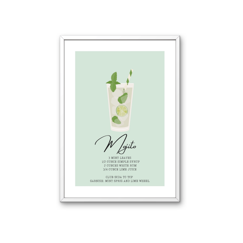 Mojito Poster – Cocktail Rezept Print auf 350 g/m² Bilderdruckpapier – Umweltfreundlicher Druck, Hochwertiger Holzrahmen – Moderne Bar- und Küchen-Deko, Geschenk für Mojito-Fans